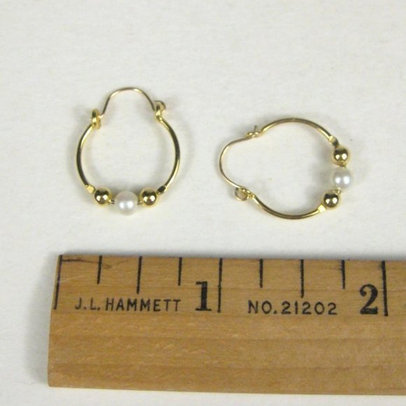 Imitation Pearl Earrings Pierced Women Jewelry Hinged Hoop Dangle Goldtone - Picture 2 of 5